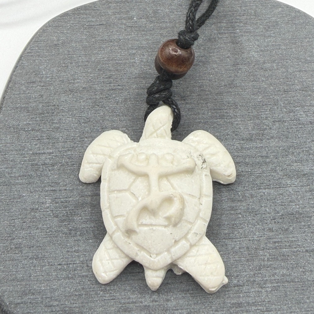Carved White Sea Turtle Pendant Necklace Black Cord Wooden Bead Boho Beachwear